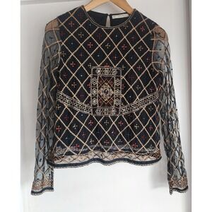 Zara‎ Basic Embroidered Mesh Blouse S Black Boho Geometric Sheer Tapestry Top
